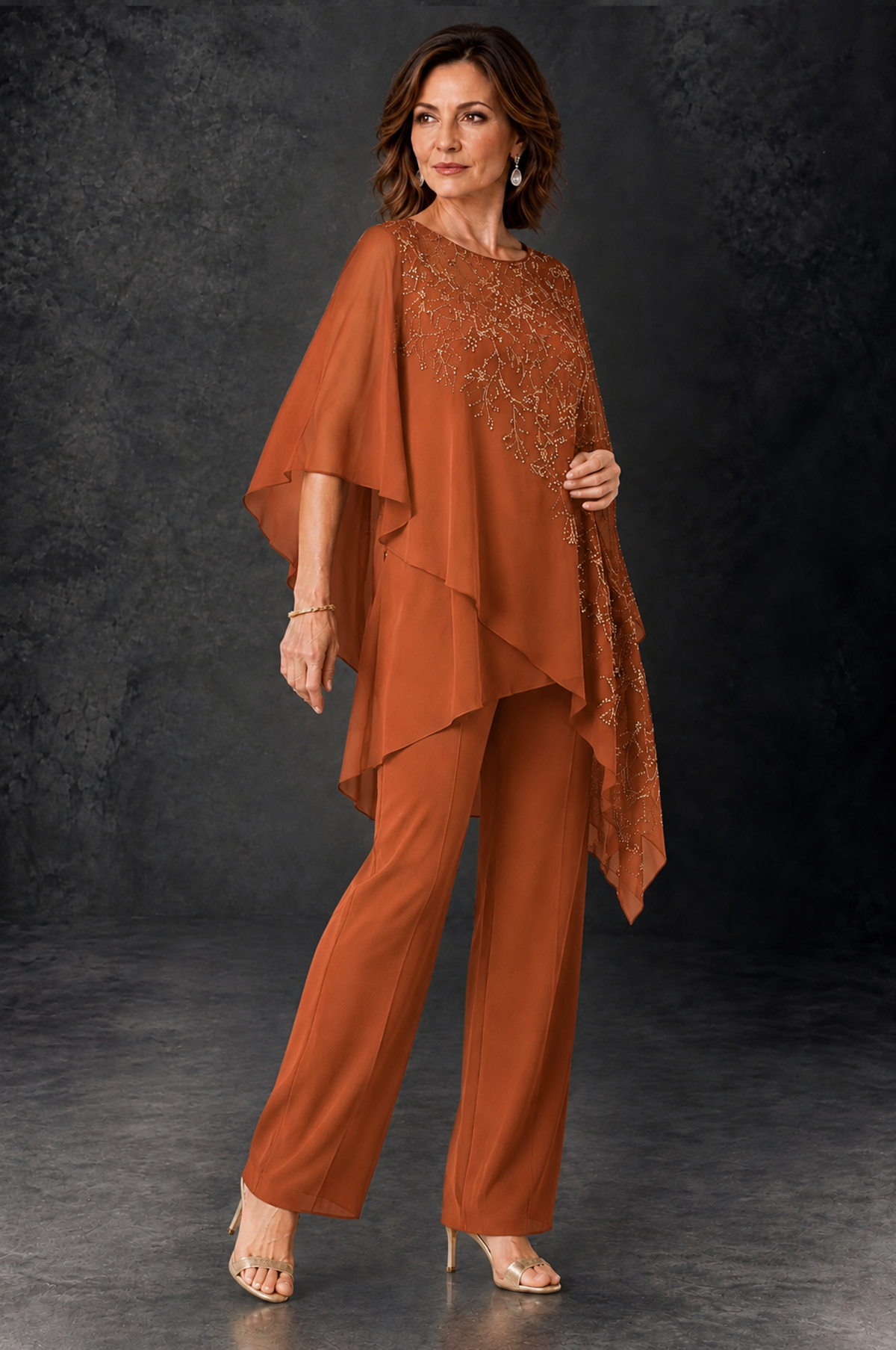 BOLODOO Burnt Orange Embellished Cape Pant Suit for Mother of the Bride - Burnt Orange - Burnt_Orange_2