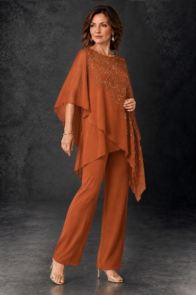 BOLODOO Burnt Orange Embellished Cape Pant Suit for Mother of the Bride - Burnt Orange - Burnt_Orange_2