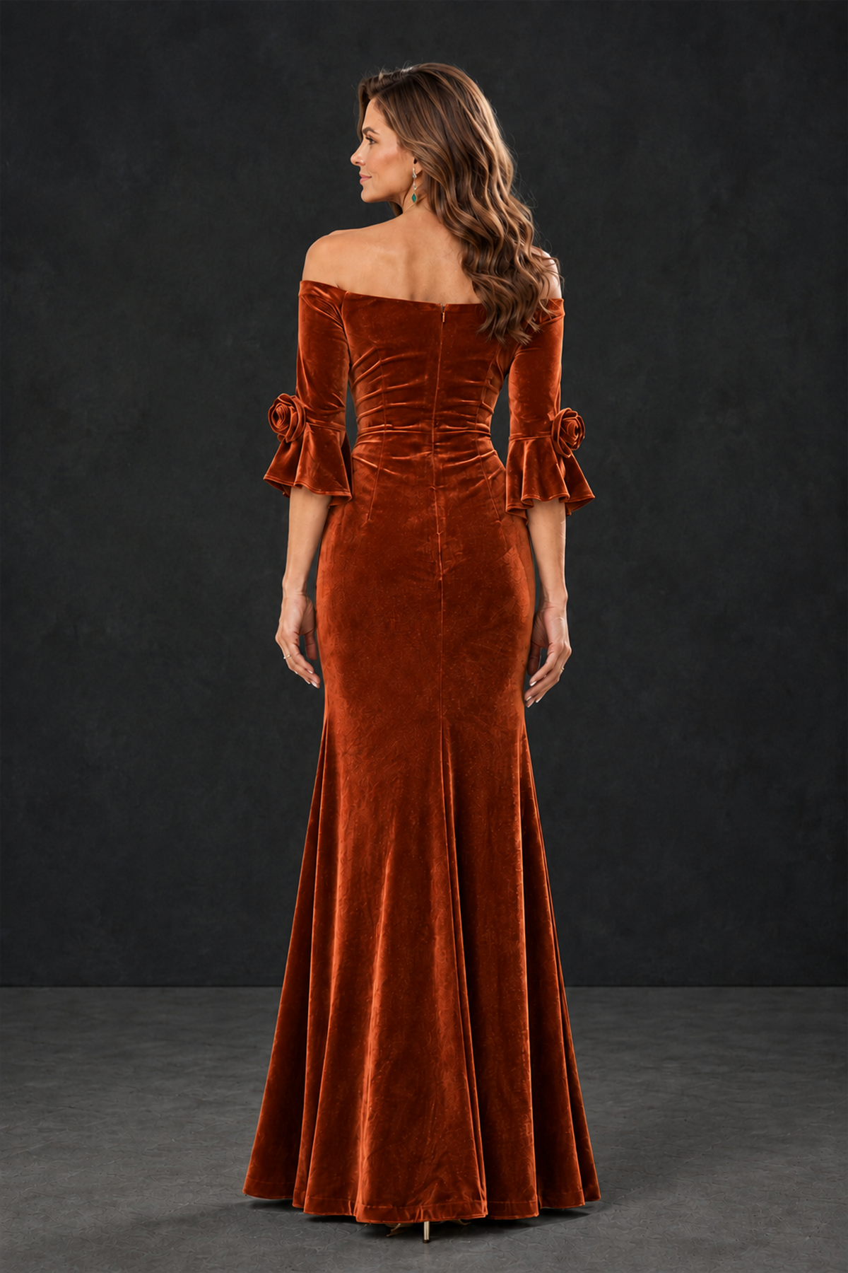 BOLODOO Burnt Orange Velvet Mother of the Bride Dress with Rosette Sleeves - Burnt Orange - Burnt_Orange_2