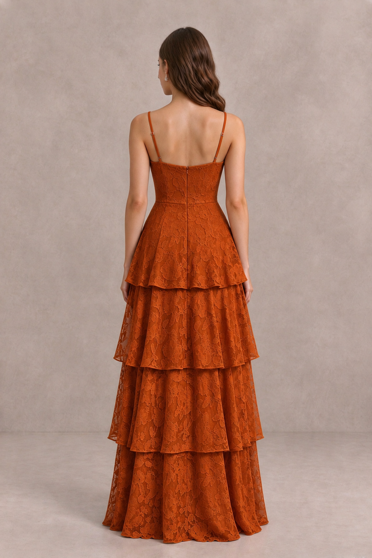 BOLODOO Burnt Orange Tiered Floral-Textured Spaghetti Strap Maxi Dress - Burnt Orange - Burnt Orange_2