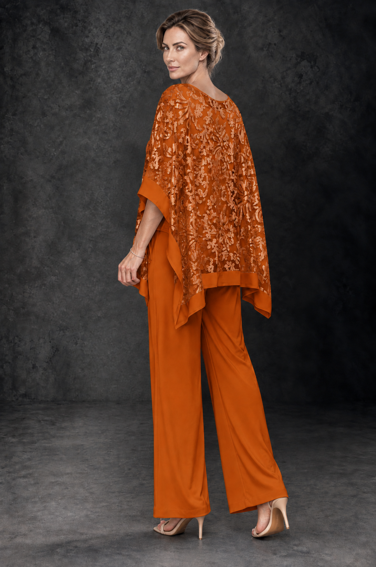 BOLODOO Burnt Orange Floral Cape Mother of the Bride Pant Suit - Burnt Orange - Burnt_Orange_2