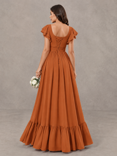 BOLODOO Burnt Orange Flutter Sleeve Bridesmaid Dress with Slit - Burnt Orange - Burnt Orange_2