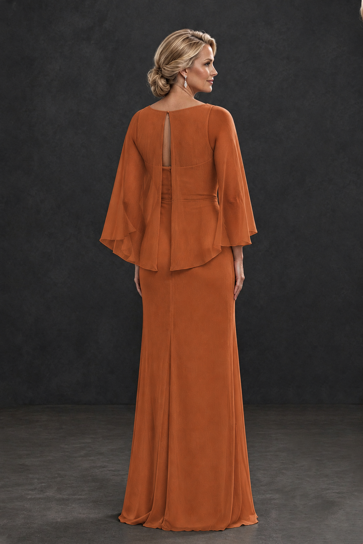 BOLODOO Burnt Orange Cape Sleeve Mother of the Bride Dress with Ruched Waist - Burnt Orange - Burnt Orange_2