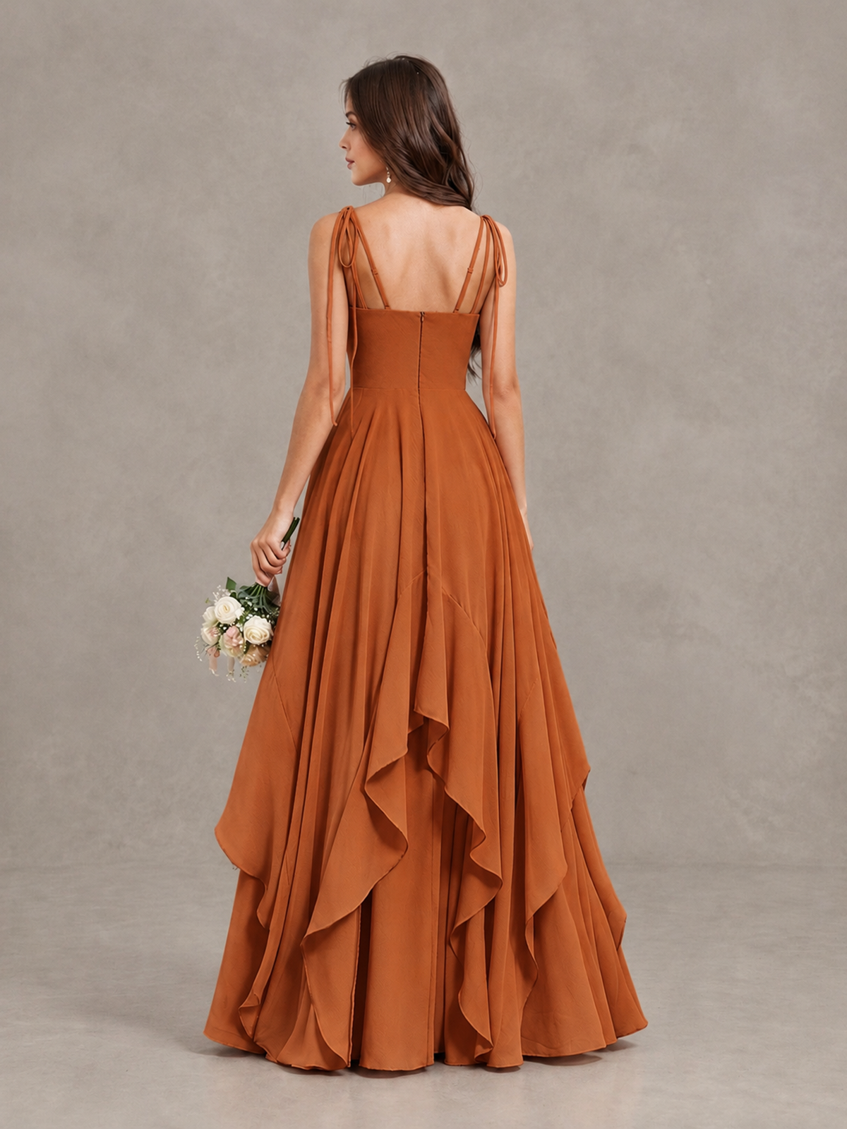 BOLODOO Burnt Orange Tie-Strap Ruffle A-Line Bridesmaid Dress - Burnt Orange - Burnt Orange_2