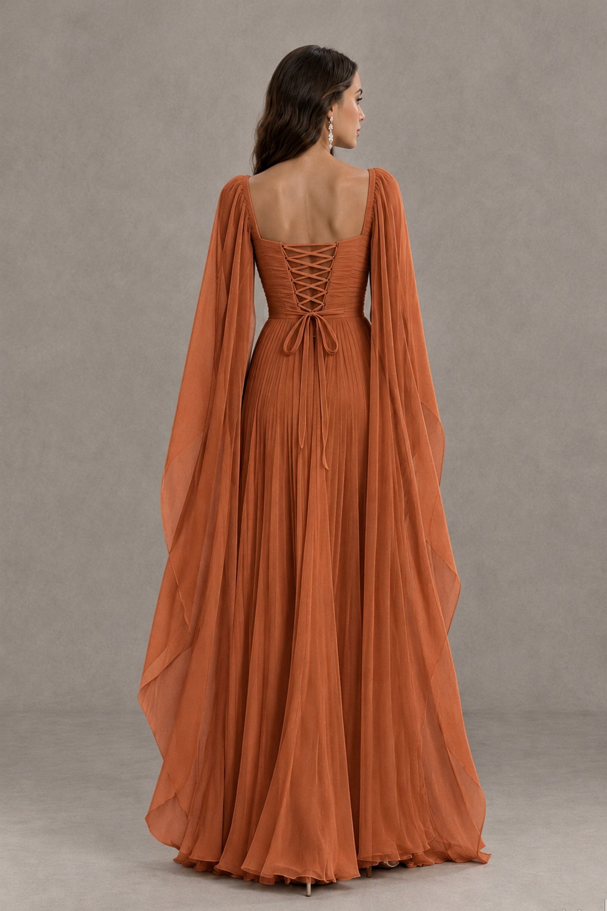 BOLODOO Burnt Orange Square Neck Cape Sleeve A-Line Evening Dress - Burnt Orange - Burnt_Orange_2