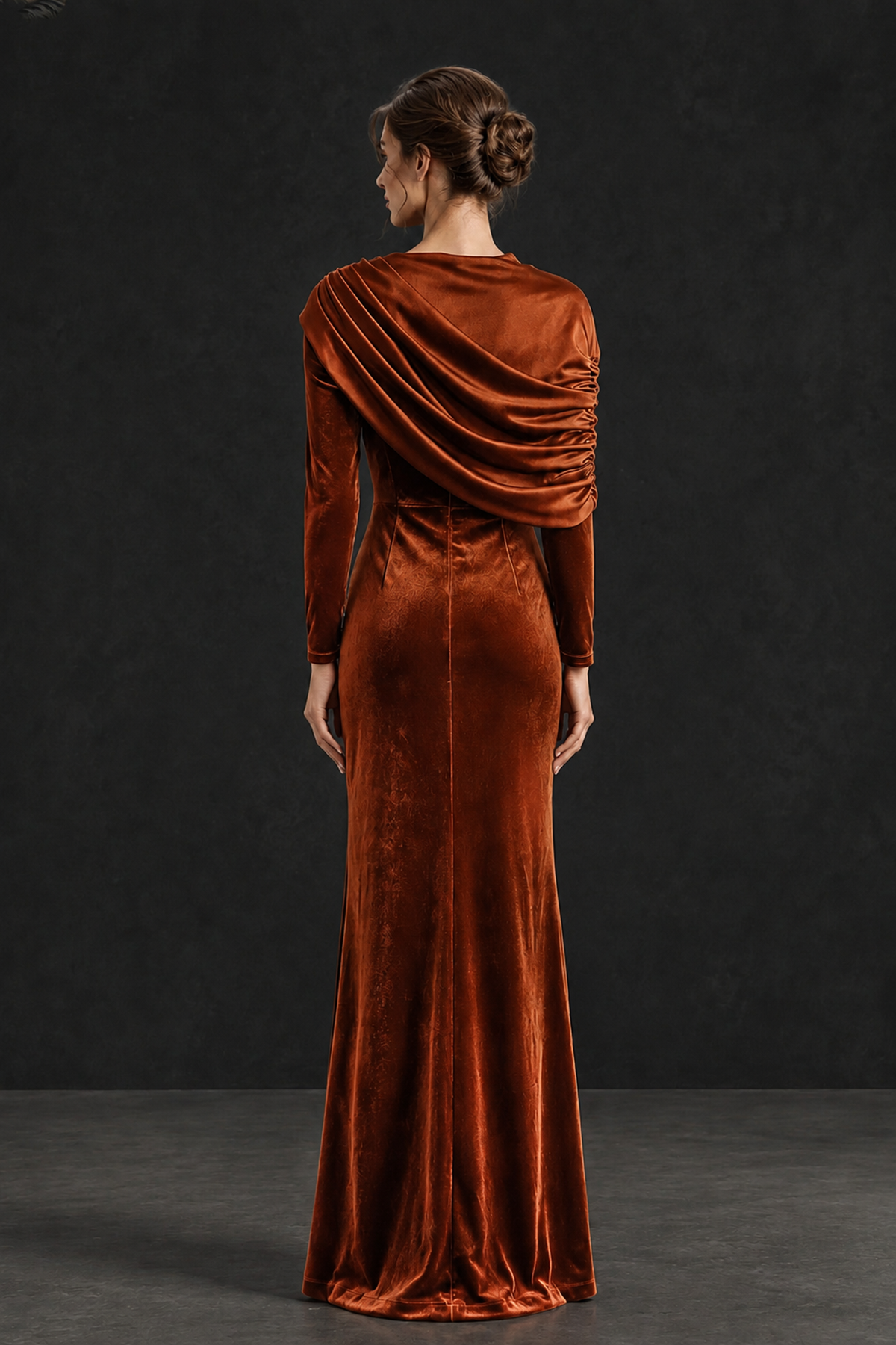 BOLODOO Burnt Orange Velvet Long Sleeve Draped Mother of the Bride Dress - Burnt Orange - Burnt_Orange_2