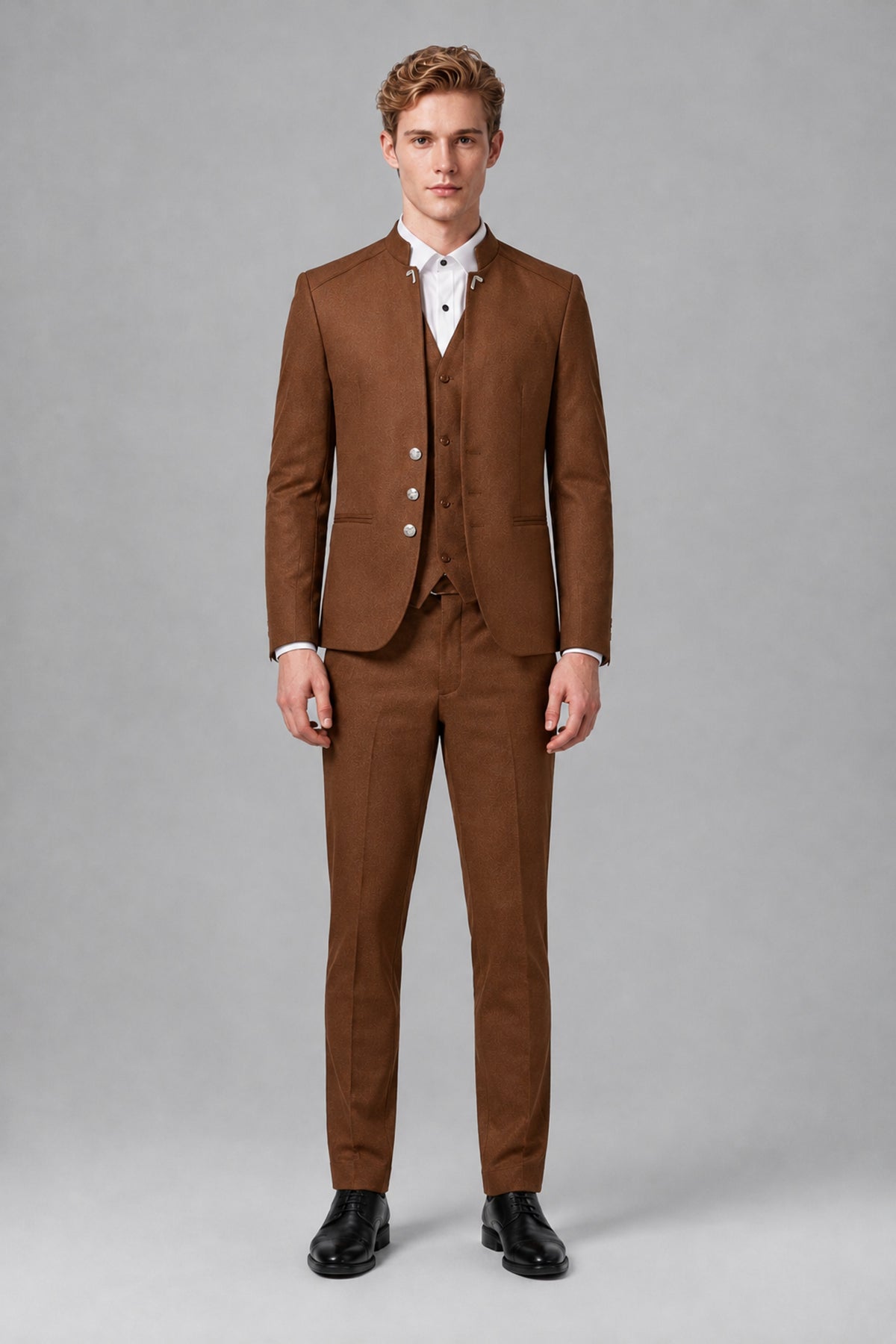Bolodoo Men's Burnt Orange Mandarin Collar 3-Piece Suit – Jacket, Vest & Trousers - Burnt Orange - Burnt Orange_2