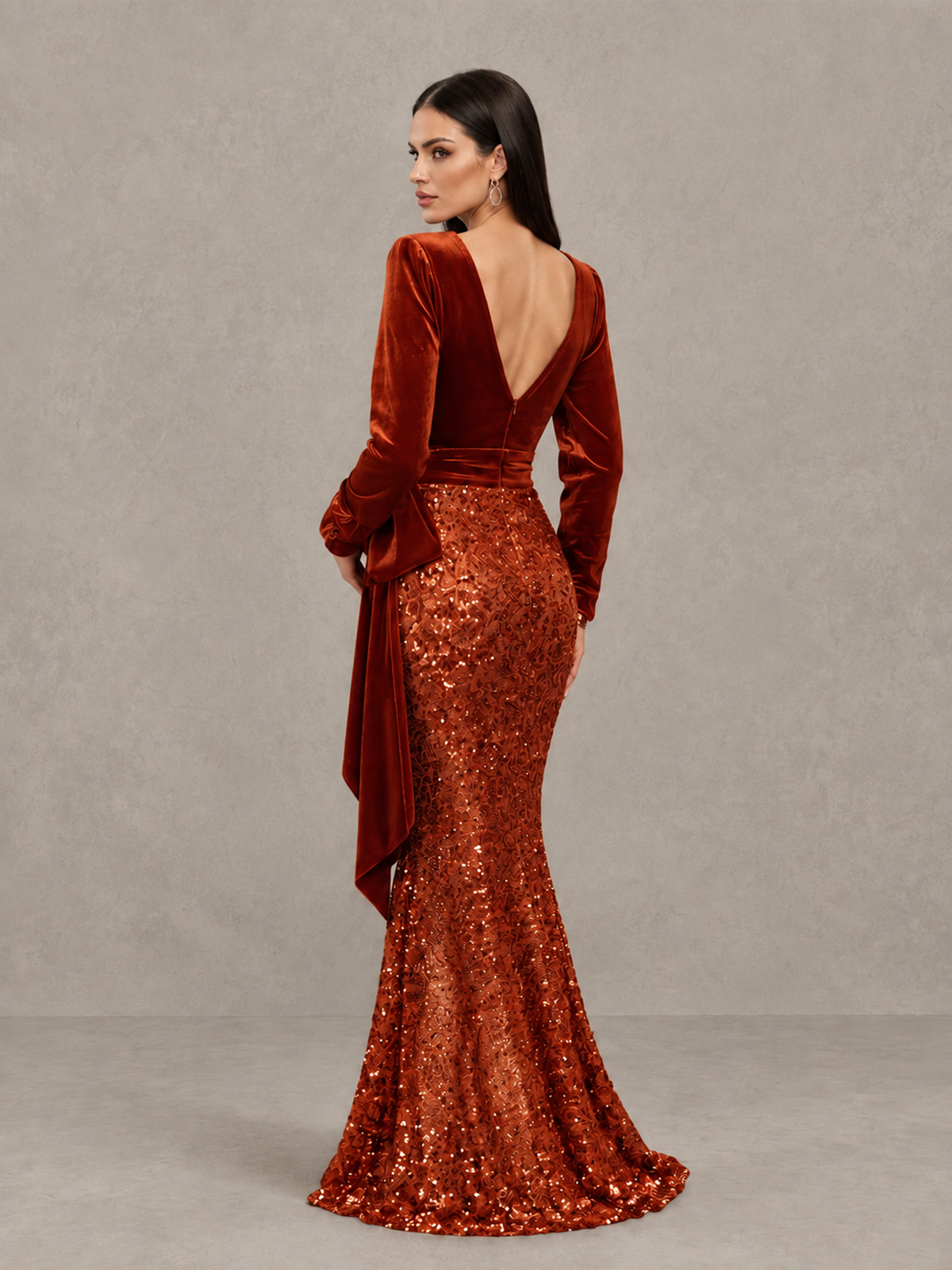 BOLODOO Burnt Orange Velvet & Sequin Long Sleeve V-Neck Mermaid Evening Gown - Burnt Orange - Burnt Orange_2
