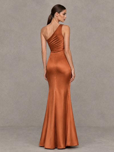 BOLODOO Burnt Orange One-Shoulder Ruched Satin-Look Evening Gown with High Slit - Burnt Orange - Burnt Orange_2