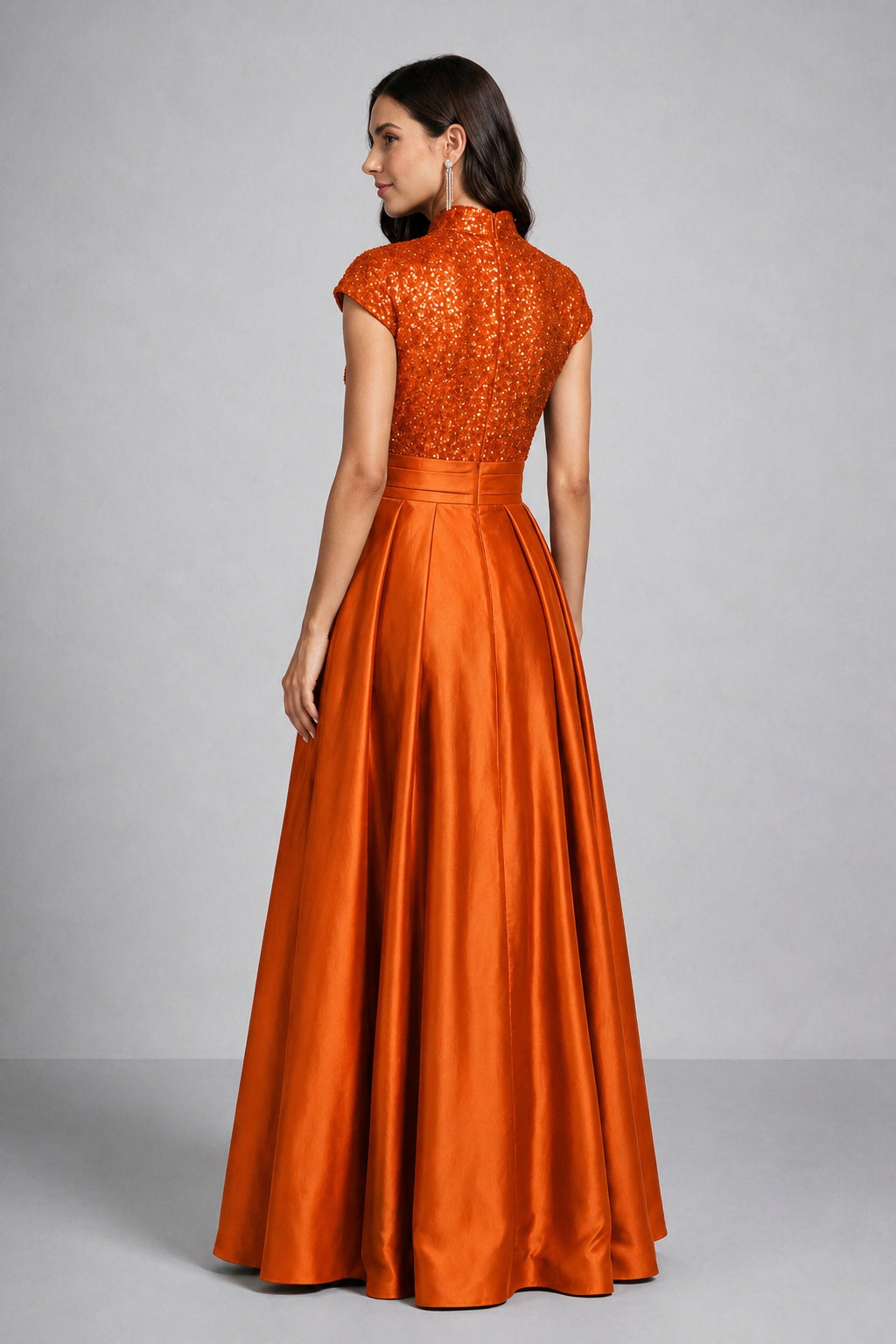 BOLODOO Burnt Orange Sequin Embroidered High Neck Cap Sleeve A-Line Ball Gown – Formal Evening Dress - Burnt Orange