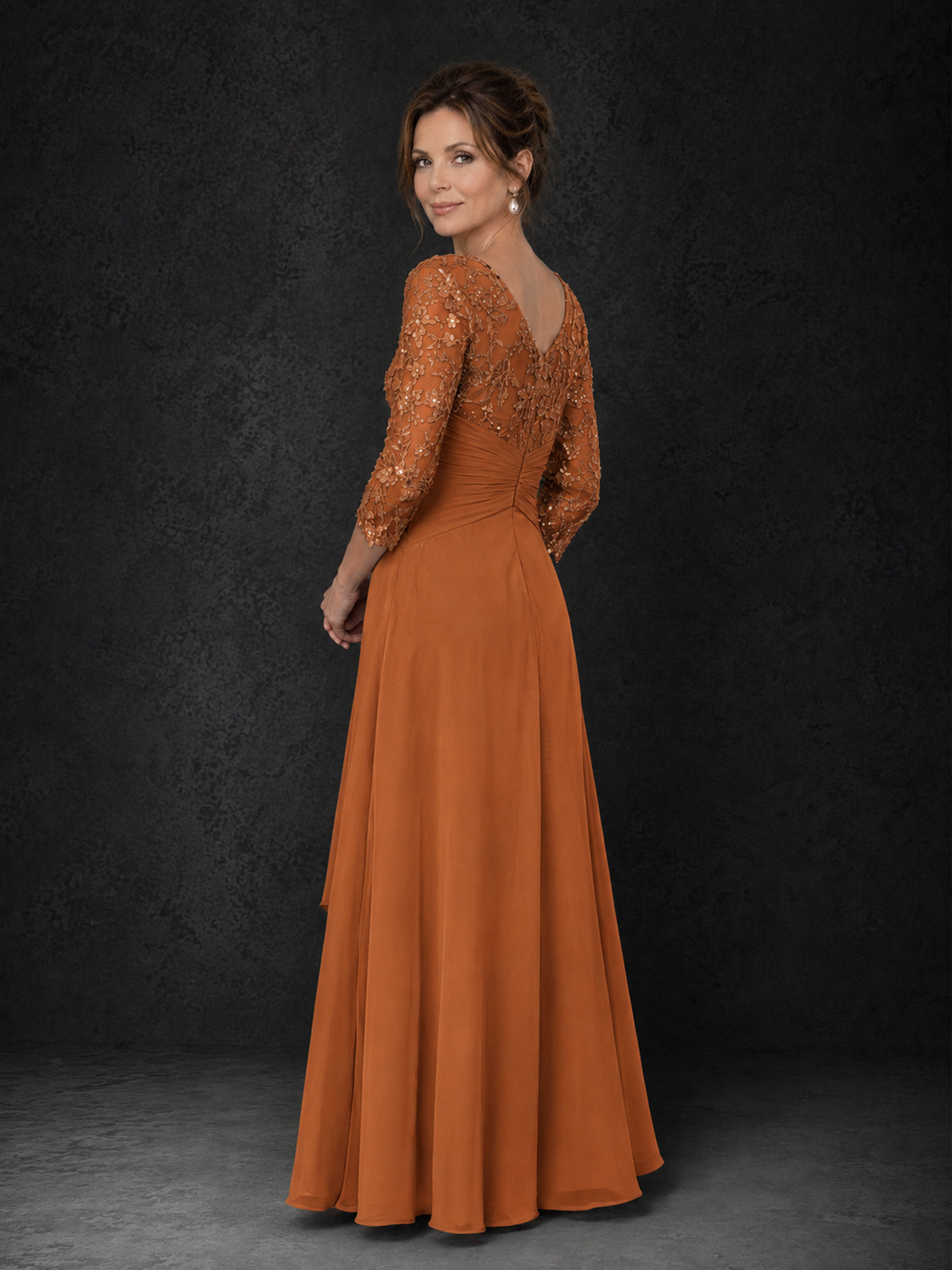 BOLODOO Burnt Orange Sequin Lace & Chiffon Tea-Length Mother of the Bride Dress with 3/4 Sleeves - Burnt Orange