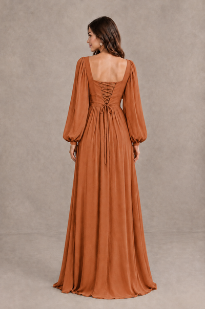 BOLODOO Burnt Orange Long Sleeve V-Neck A-Line Bridesmaid Dress - Burnt Orange - Burnt Orange_2