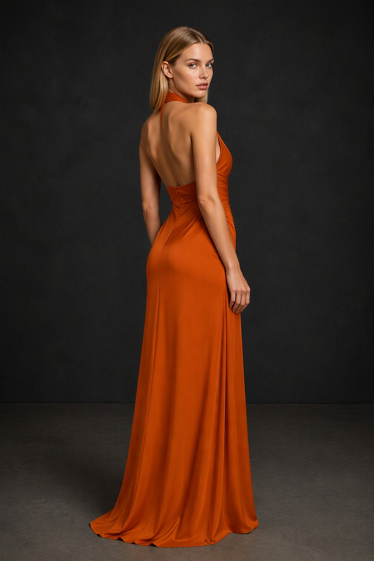 BOLODOO Burnt Orange Twisted Halter Neck Ruched Sleeveless Open Back Floor-Length Gown - Burnt Orange
