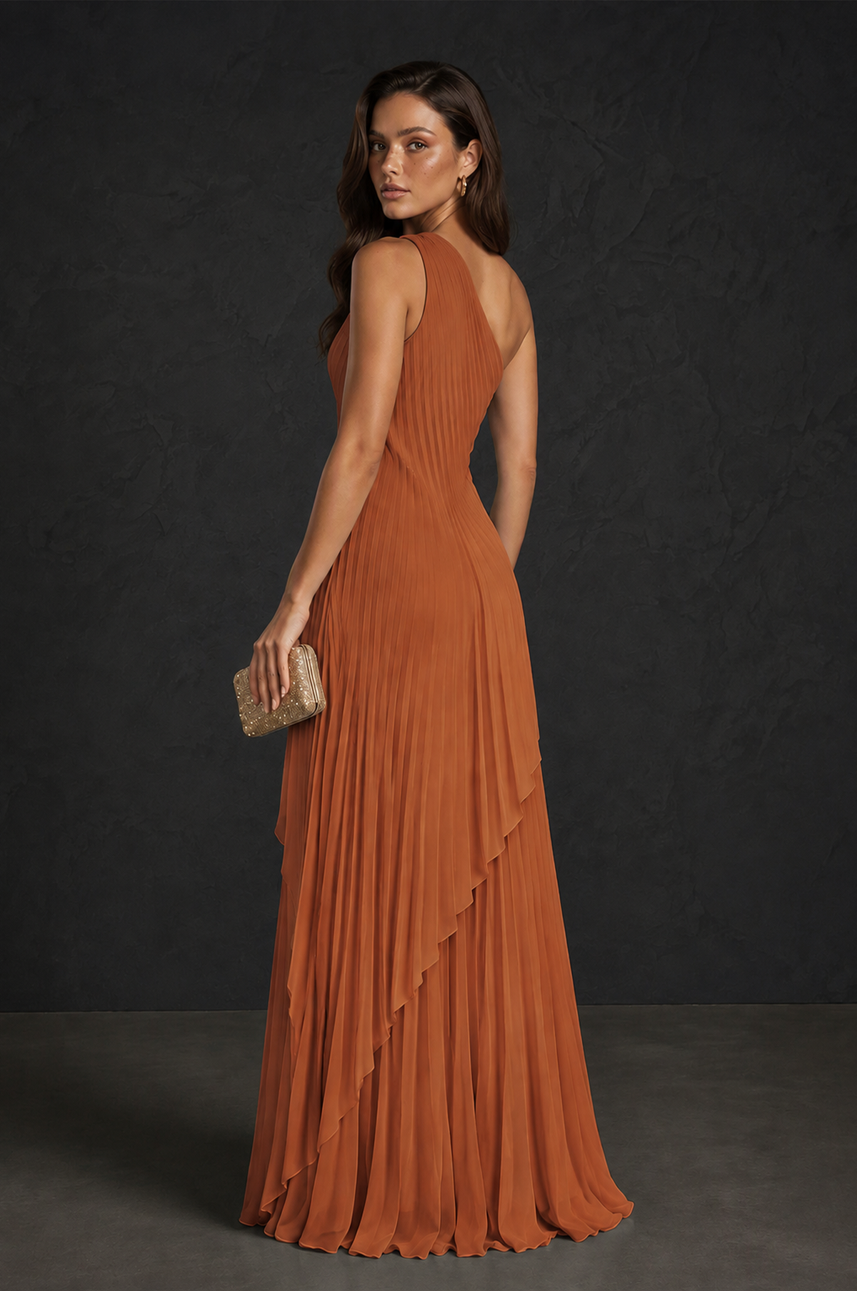 BOLODOO Burnt Orange One-Shoulder Sunburst Pleated Asymmetric Layered Overlay Accordion Pleated Chiffon Maxi Dress - Burnt Orange
