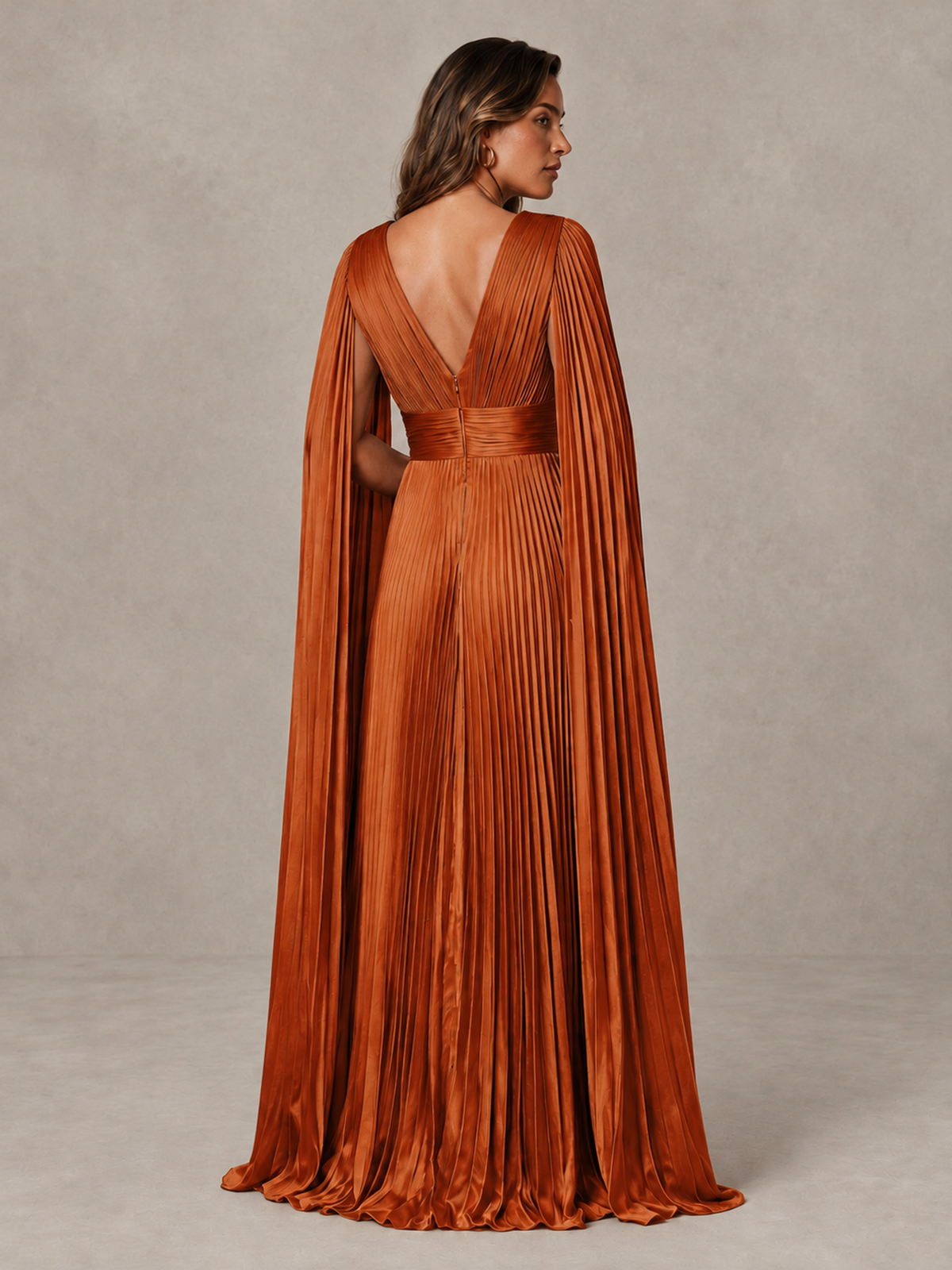 BOLODOO Burnt Orange Deep V-Neck Pleated Cape Sleeve Evening Gown - Burnt Orange - Burnt Orange_2