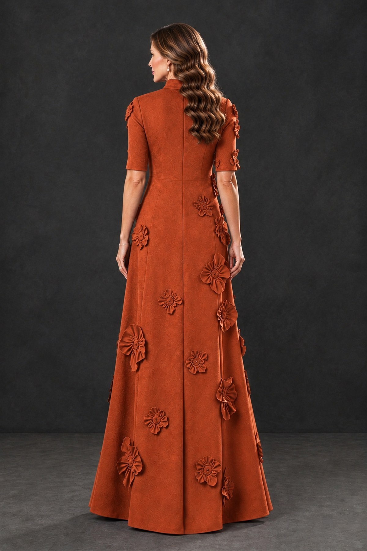BOLODOO Burnt Orange Floral Applique High-Neck Half-Sleeve Gown - Burnt Orange - Burnt Orange_2