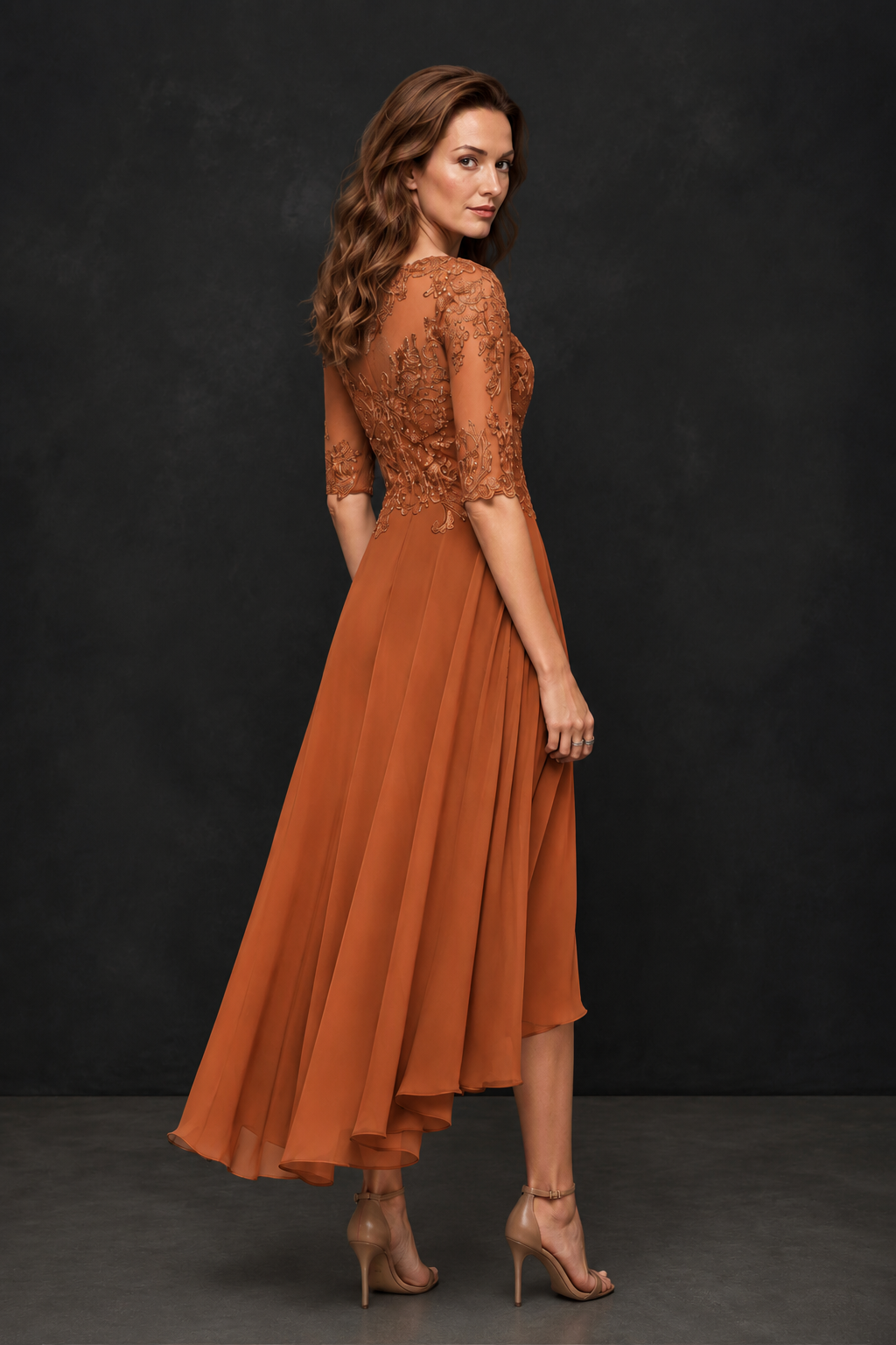 BOLODOO Burnt Orange Illusion Lace 3/4 Sleeve Hi-Lo Chiffon A-Line Dress | Mother of the Bride Tea Length Dress - Burnt Orange