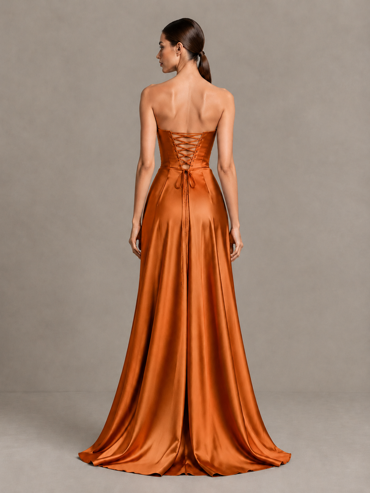 BOLODOO Burnt Orange Strapless Satin High-Slit Lace-Up Prom Dress - Burnt Orange - Burnt Orange_2
