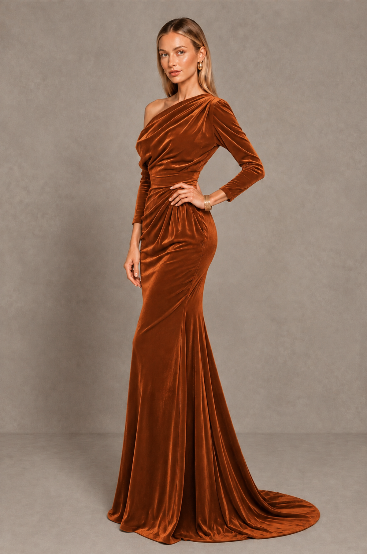 BOLODOO Burnt Orange Velvet Asymmetric Neck Mermaid Evening Dress - Burnt Orange - Burnt_Orange_2