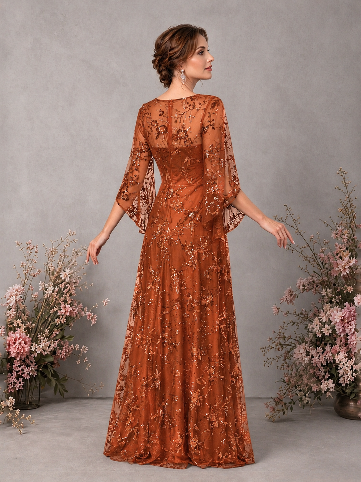 BOLODOO Burnt Orange Sequin Lace Cape Sleeve Formal Evening Gown - Burnt Orange - Burnt Orange_2