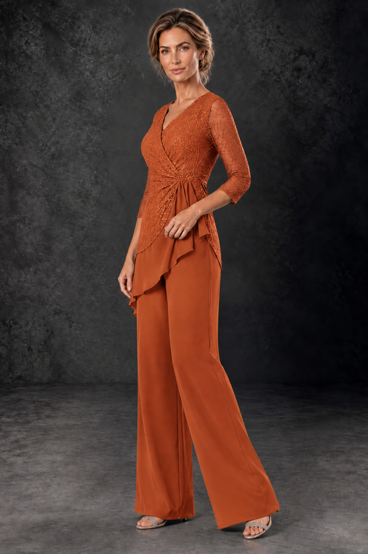 BOLODOO Burnt Orange Sequin Lace 3/4 Sleeve Chiffon Mother of the Bride Pant Suit - Burnt Orange - Burnt_Orange_2