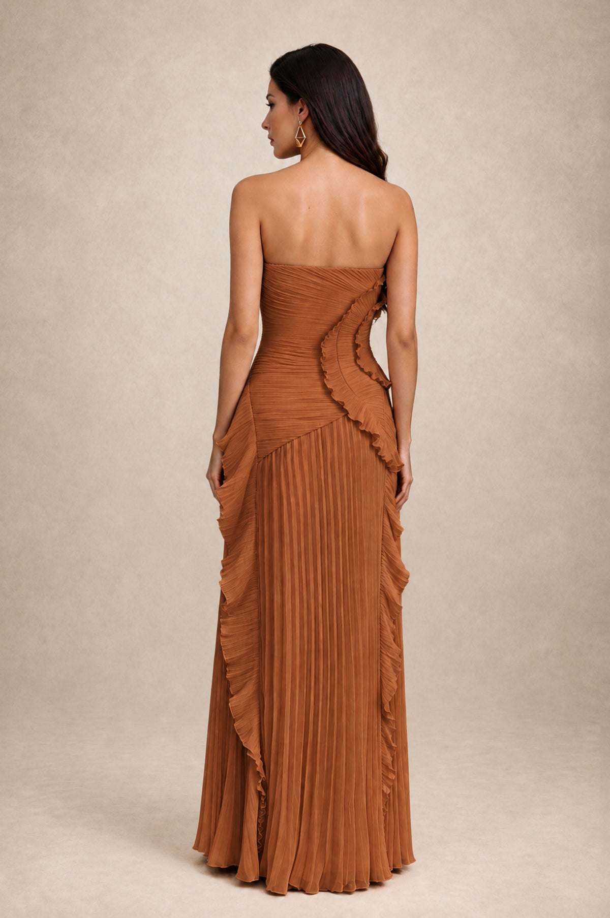 BOLODOO Burnt Orange Strapless Ruffle Pleated Slit Evening Gown - Burnt Orange - Burnt Orange_2
