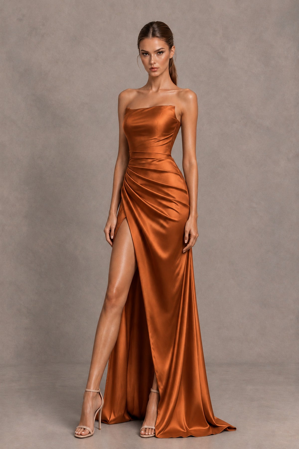 BOLODOO Burnt Orange Strapless Ruched Satin-Look Evening Dress with High Slit - Burnt Orange - Burnt Orange_2
