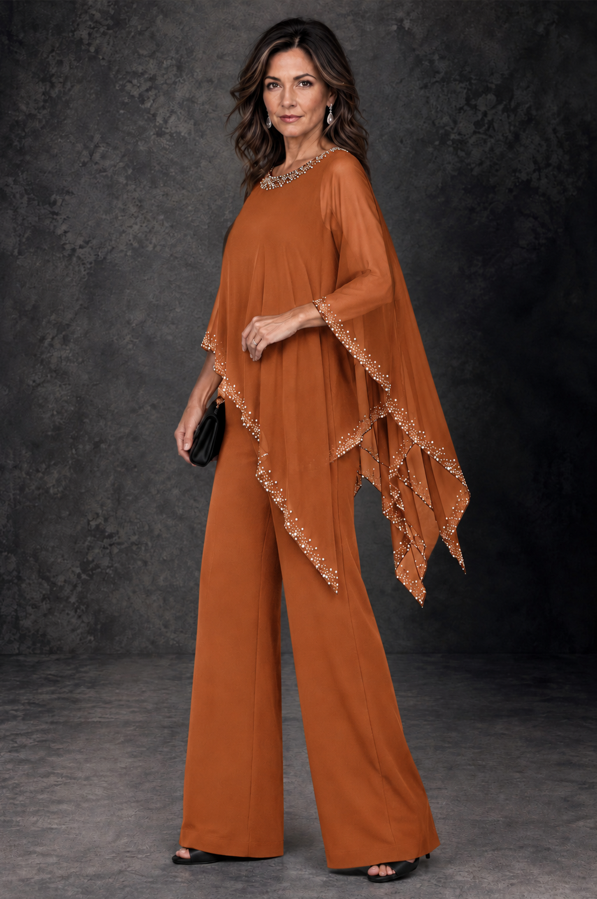 BOLODOO Burnt Orange Embellished Cape Mother of the Bride Pantsuit - Burnt Orange - Burnt_Orange_2