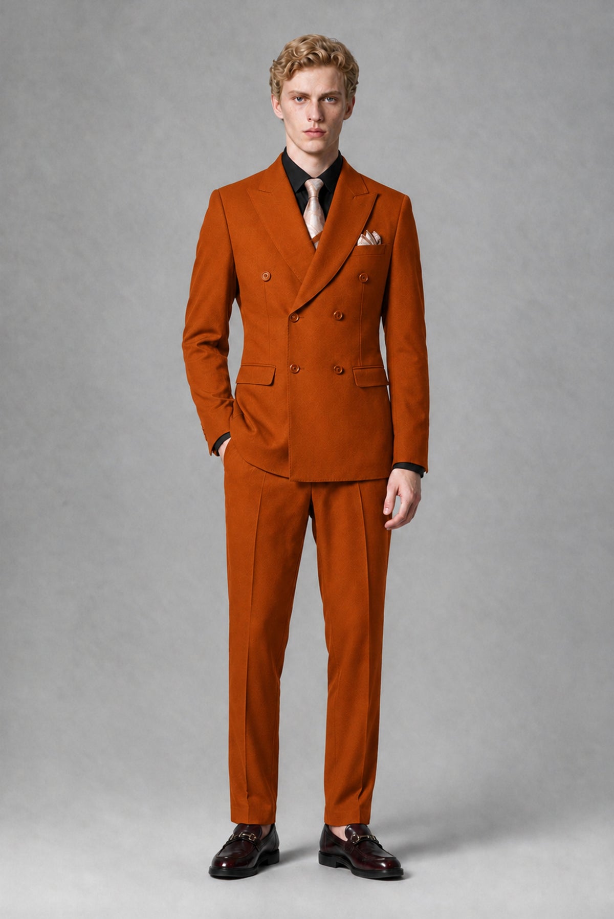 BOLODOO Men's Burnt Orange Double-Breasted Two-Piece Suit – Jacket & Trousers - Burnt Orange