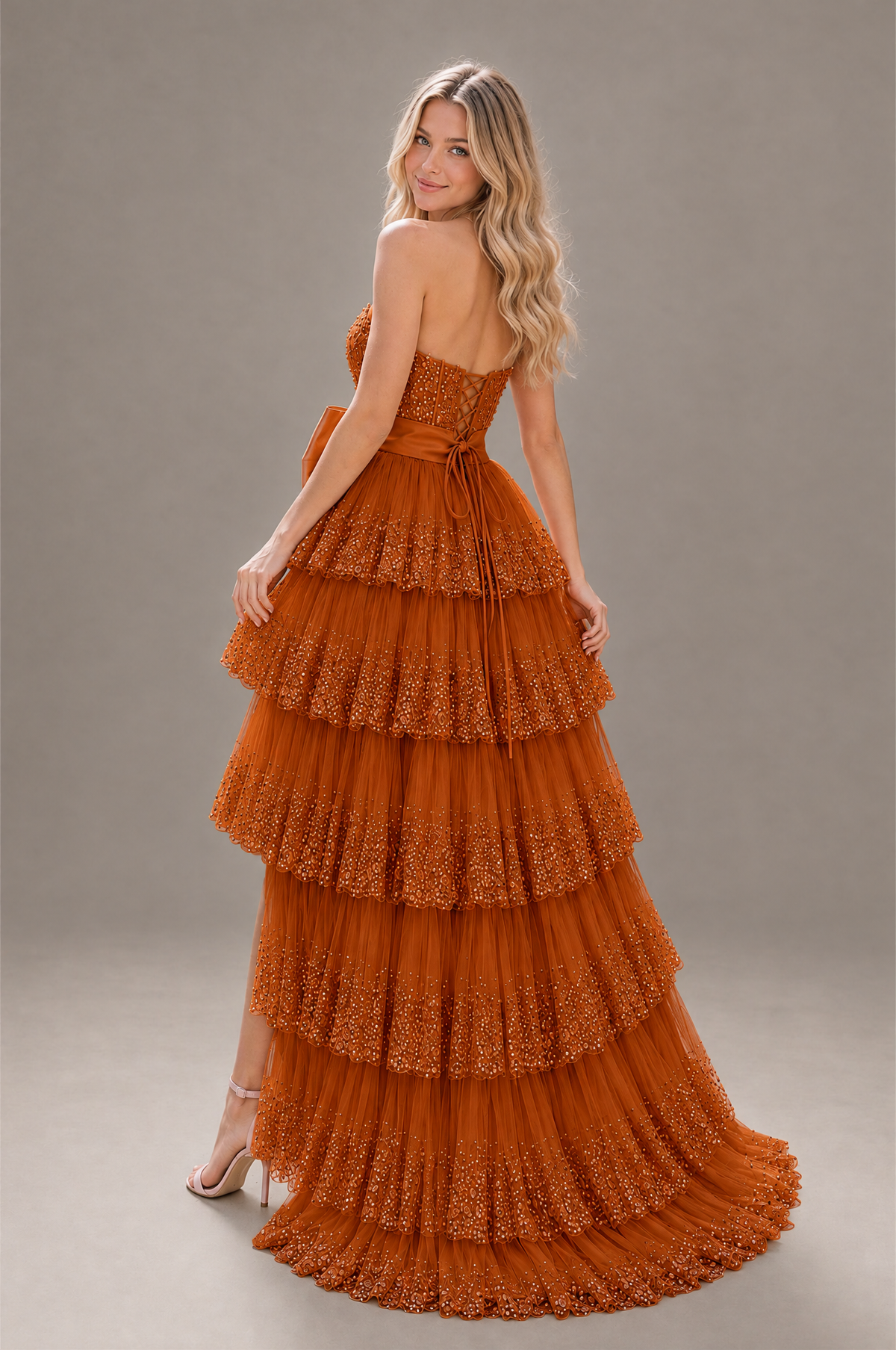 BOLODOO Burnt Orange Strapless Tiered Tulle Prom Dress with Bow - Burnt Orange - Burnt_Orange_2
