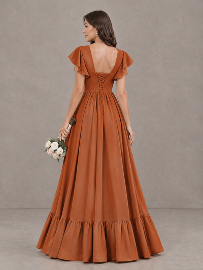 BOLODOO Burnt Orange Square Neck Flutter Sleeve Bridesmaid Dress with Slit - Burnt Orange - Burnt Orange_2