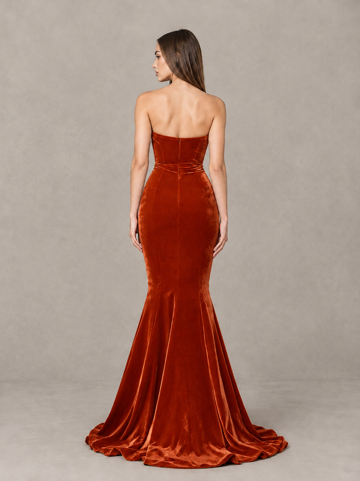 BOLODOO Burnt Orange Strapless Sweetheart Velvet-Look Mermaid Evening Dress - Burnt Orange - Burnt Orange_2
