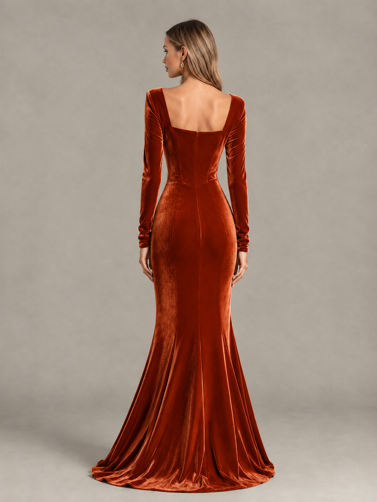 BOLODOO Burnt Orange Velvet-Look Square Neck Long Sleeve Mermaid Evening Dress - Burnt Orange - Burnt Orange_2