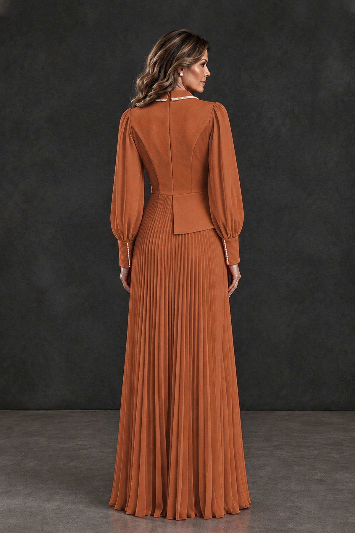 BOLODOO Burnt Orange Long Sleeve Pleated Mother of the Bride Dress - Burnt Orange - Burnt Orange_2