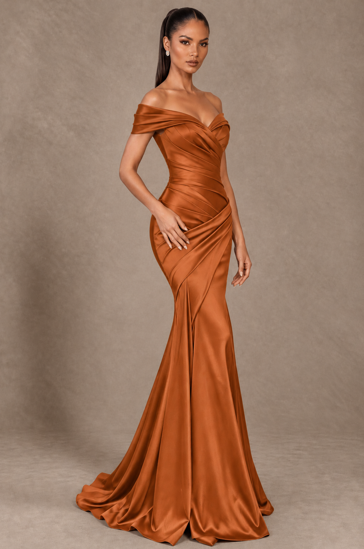 BOLODOO Burnt Orange Off-the-Shoulder Ruched Satin Mermaid Evening Dress - Burnt Orange - Burnt_Orange_2