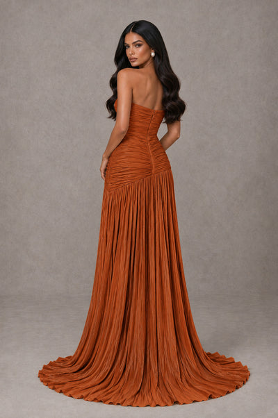 BOLODOO Burnt Orange Metallic Ruched Strapless Pleated A-Line Backless Maxi Dress with Train - Burnt Orange - Burnt Orange_2