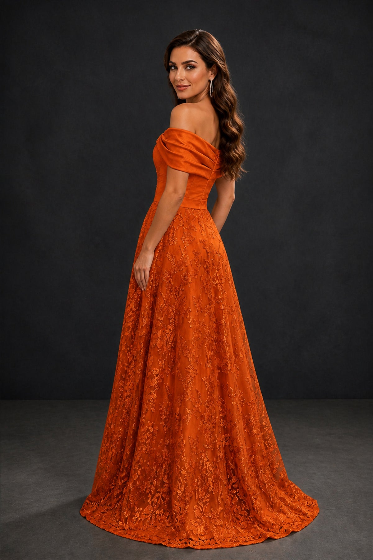 BOLODOO Burnt Orange Lace Glitter Off Shoulder Cap Sleeve A-Line Ball Gown with Train – Formal Evening Dress - Burnt Orange