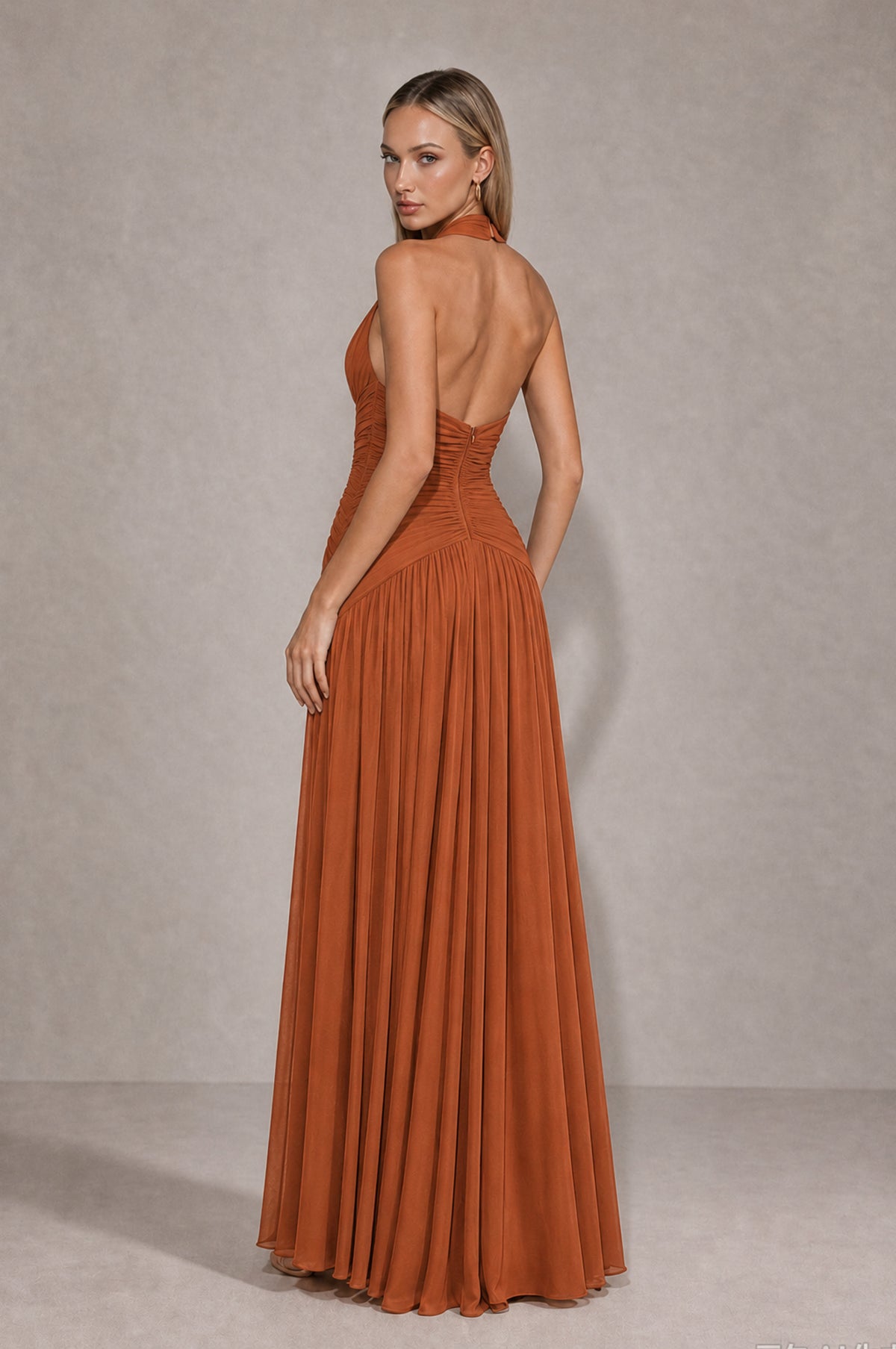 BOLODOO Burnt Orange Chiffon Halter Deep V-Neck Ruched A-Line Backless Maxi Dress with Train-BD0167 - Burnt Orange - Burnt Orange_2