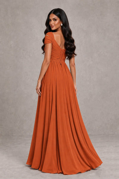 BOLODOO Burnt Orange Cold Shoulder Chiffon Evening Dress with V Neck and High Slit - Burnt Orange - Burnt Orange_2