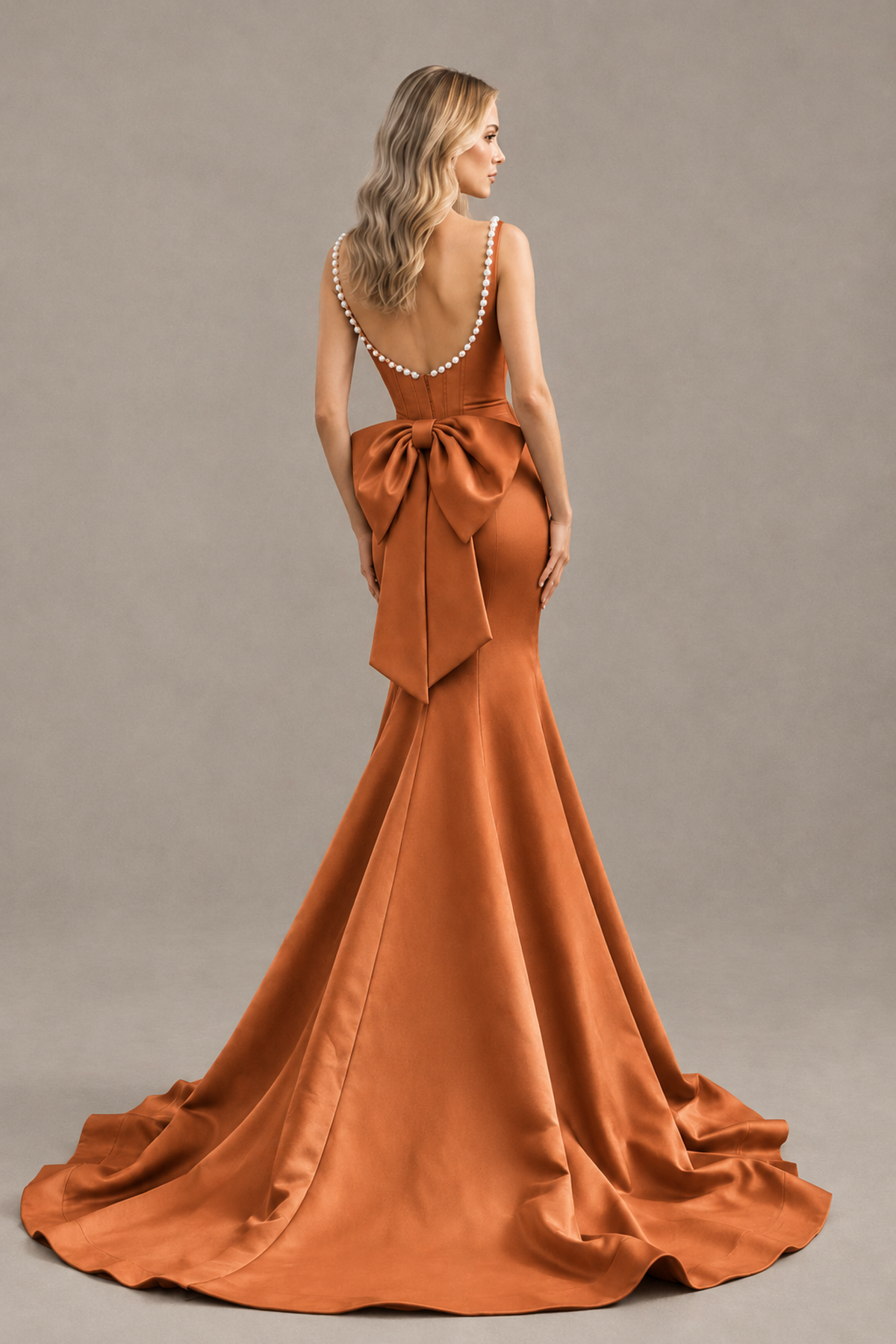 BOLODOO Burnt Orange Pearl-Trim Mermaid Prom Dress with Back Bow - Burnt Orange - Burnt_Orange_2