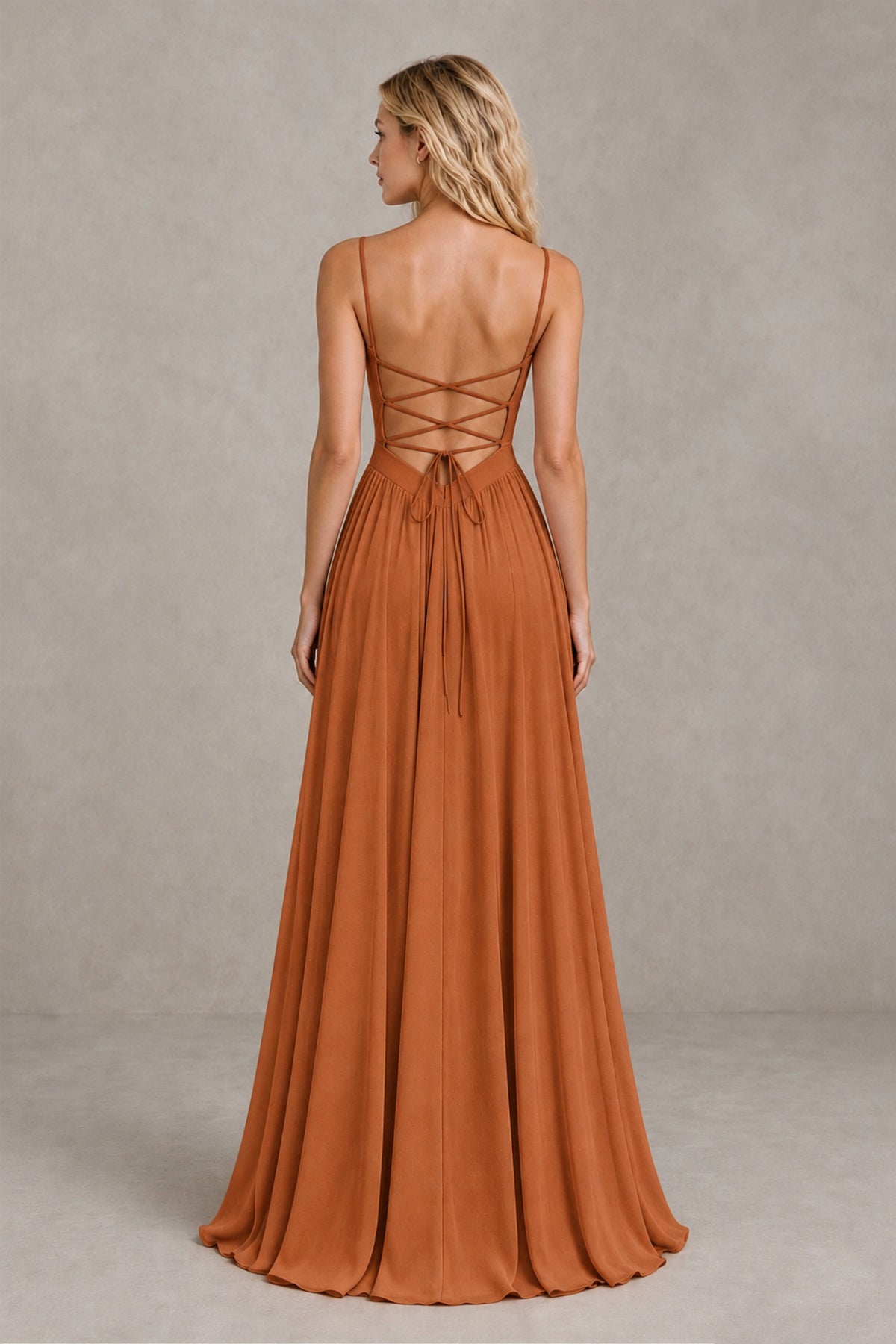 BOLODOO Burnt Orange Spaghetti Strap A-Line Bridesmaid Dress with Slit - Burnt Orange - Burnt Orange_2