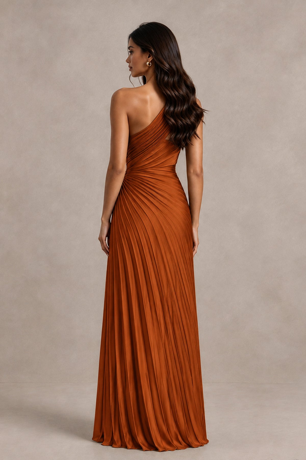 BOLODOO Burnt Orange One Shoulder Pleated Evening Dress with Ruched Waist and High Slit - Burnt Orange - Burnt Orange_2