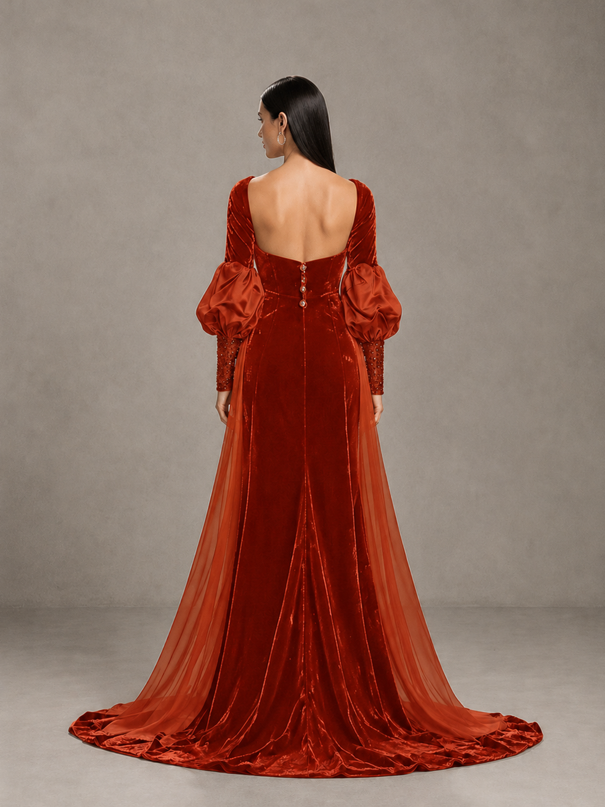 BOLODOO Burnt Orange Velvet Long Sleeve Open-Back Evening Gown - Burnt Orange - Burnt Orange_2
