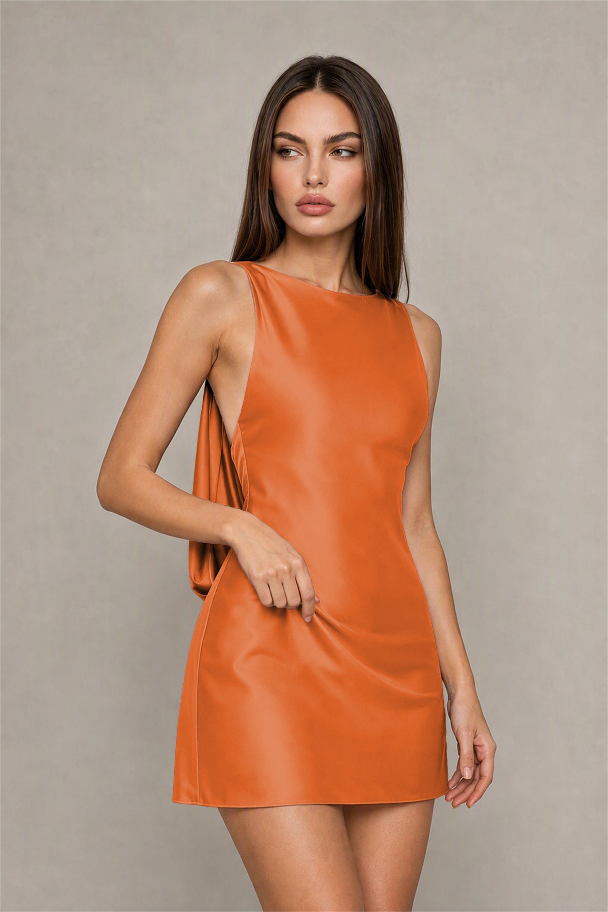 BOLODOO Burnt Orange Satin Bateau Neck Cowl Open Back Pearl Chain Mini Dress | Cocktail Party Date Night Dress - Burnt Orange
