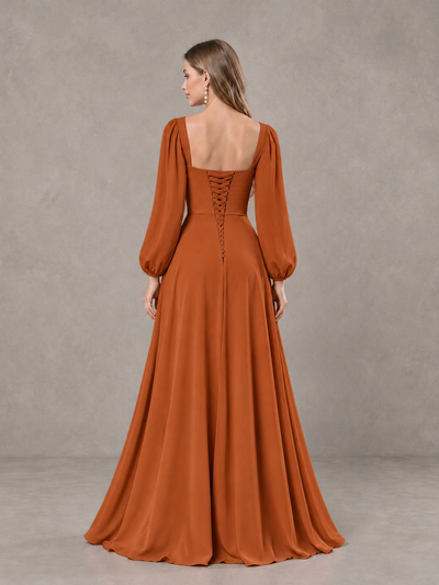 BOLODOO Burnt Orange Square Neck Long Sleeve Bridesmaid Dress with Ruffle Slit - Burnt Orange - Burnt Orange_2