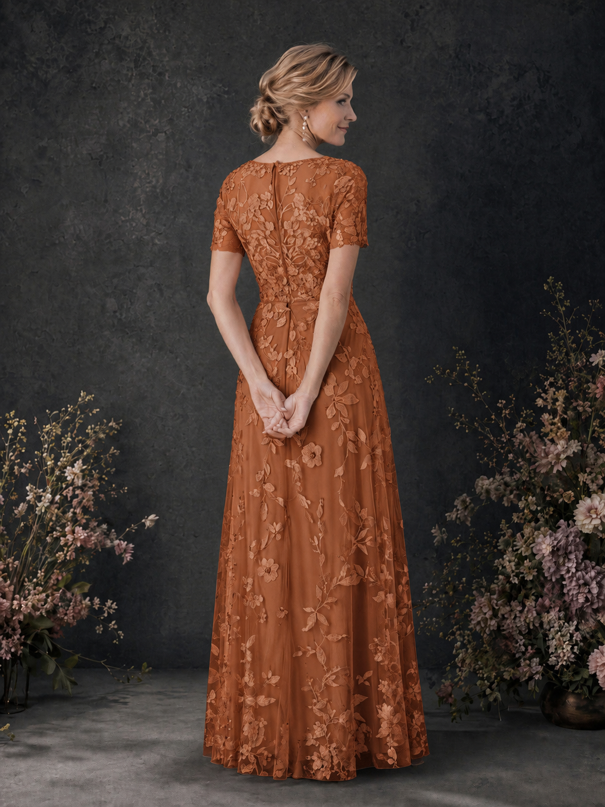 BOLODOO Burnt Orange 3D Floral Embroidered Lace V-Neck Short Sleeve A-Line Maxi Dress - Burnt Orange