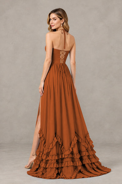 BOLODOO Burnt Orange Halter Ruffle Hem A-Line Bridesmaid Dress with High Slit - Burnt Orange - Burnt Orange(2)