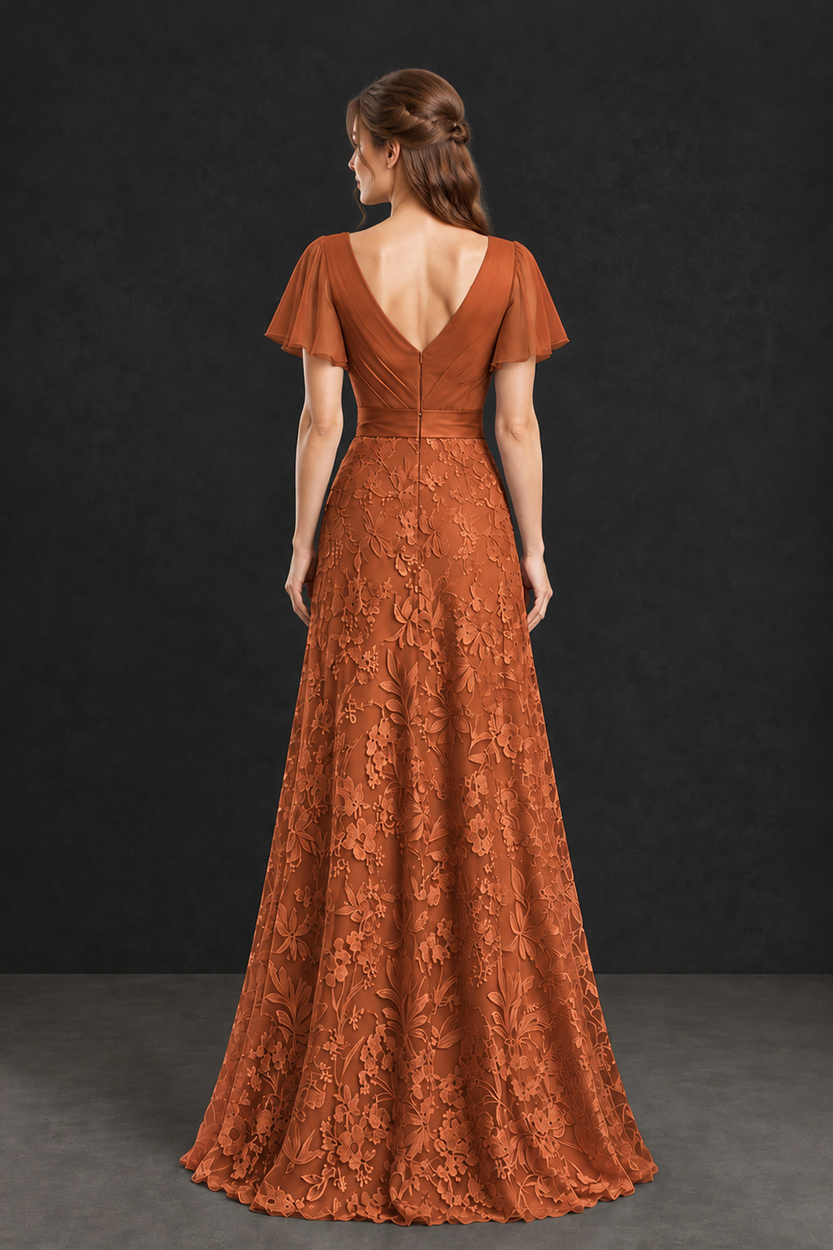 BOLODOO Burnt Orange Flutter Sleeve Lace Mother of the Bride Dress - Burnt_Orange