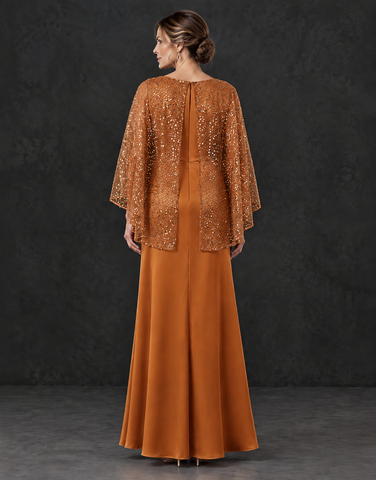 BOLODOO Burnt Orange Sparkle Cape Sleeve Mother of the Bride Dress - Burnt Orange - Burnt_Orange_2