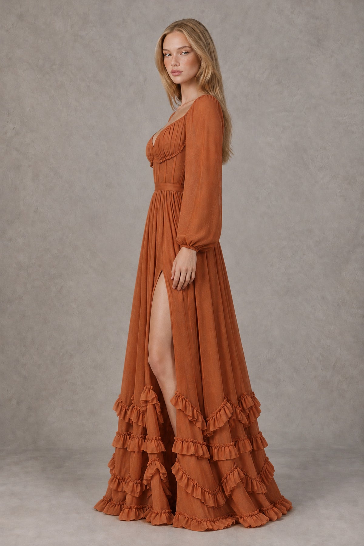 Burnt Orange Long-Sleeve Ruffle Maxi Dress with Lace-Up Back and Slit - Burnt Orange